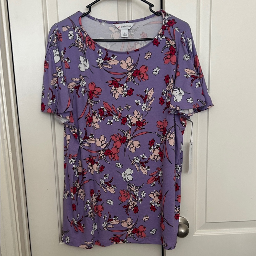 Liz Claiborne Purple and Red Floral Short Sleeve Top